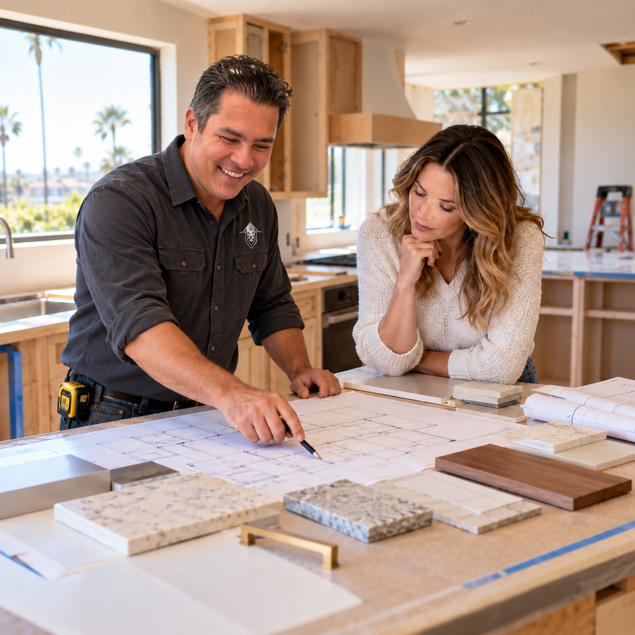 Contractor and homeowner reviewing kitchen plans together