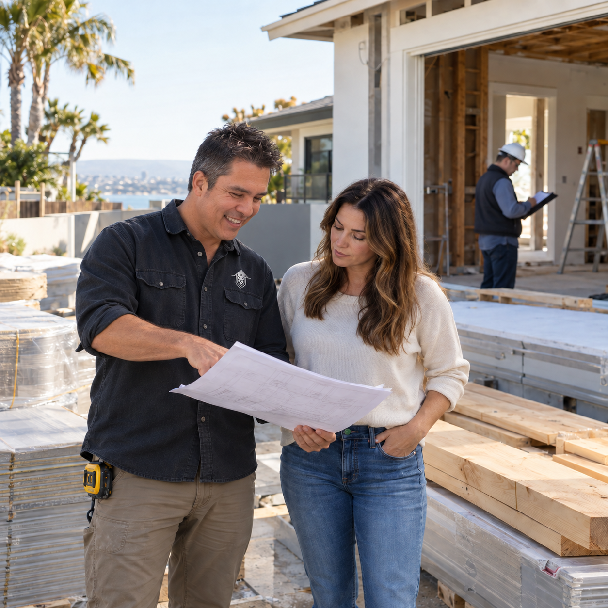 Contractor and homeowner reviewing plans at the jobsite